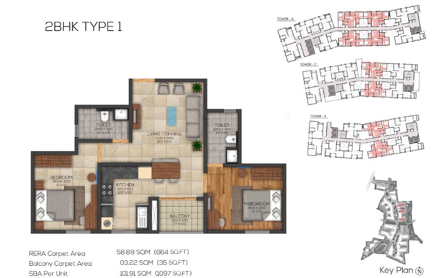 Brigade Cornerstone Utopia 2 BHK Floor Plan