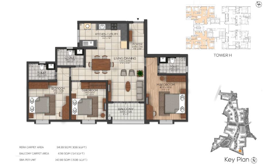 Brigade Cornerstone Utopia 3 BHK Floor Plan